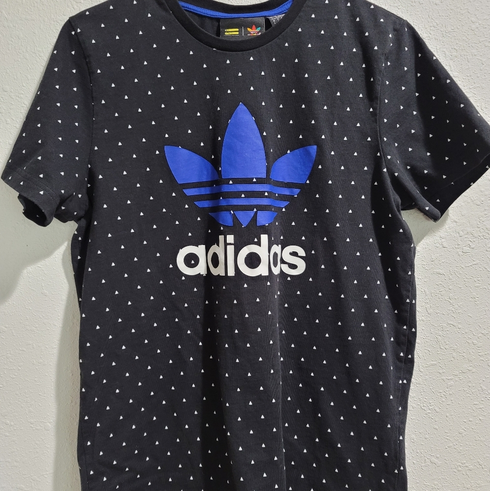 Adidas black graphic tee with blue logo